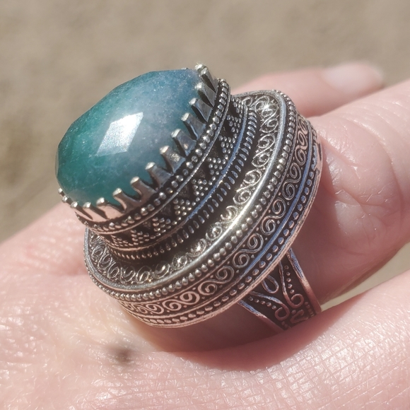 New Green Aventurine Antique Design 925 Silver Statement Ring. - Picture 6 of 16